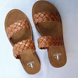 Corkys "The Wind Up" Brown Chucky Braided Slide Sandals.